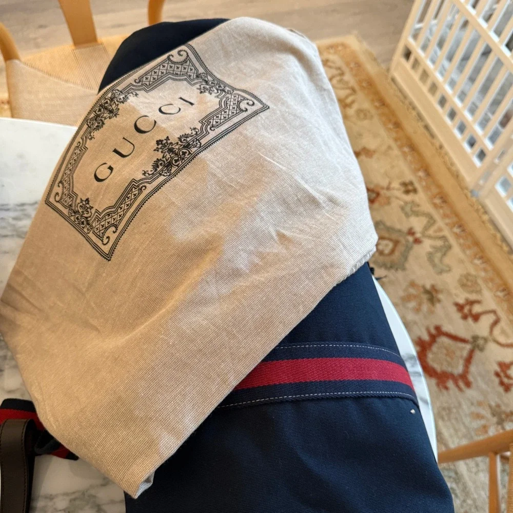 Gucci 816866 Duffle Bag Navy Canvas Red Blue Web Stripe Travel Weekend Bag
